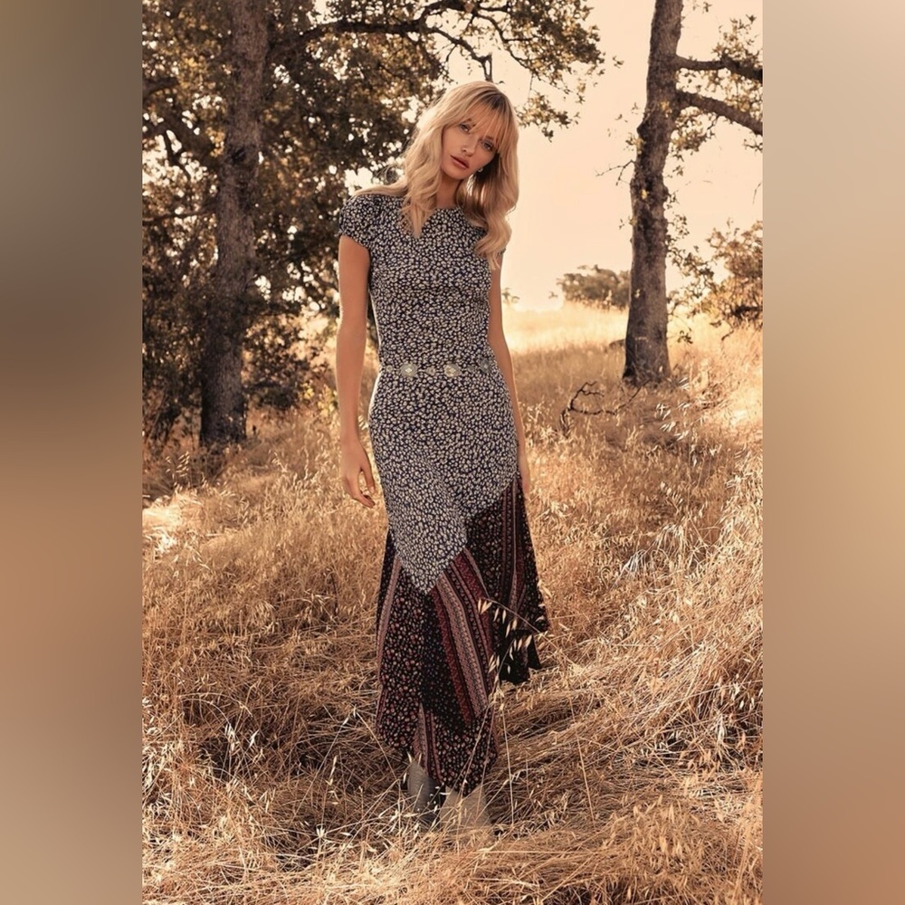 Free People Mixed Floral Midi Dress in Navy and Burgundy
